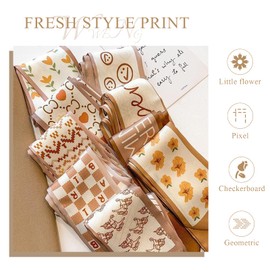 LumiSyne Pack of 5 Silk Scarves Women Girls Skinny Scarf Flower Printed Geometric Checked Pattern Fresh Cute Style Satin Tie Scarf Slim Long Neckerchief Headdress Handle Wrap Ribbon, khaki