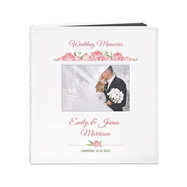 Murrano Photo Album for couples- White cover with a photo frame and a stylish print - 60 black pages to fill in - Up to 240 images in multiple size - Personalised wedding gift (Roses)