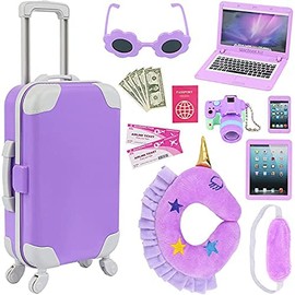 ZITA ELEMENT 16 pcs Doll Accessories Suitcase Travel Luggage for 18 Inch Carrier,Sunglasses Camera Computer Phone Pad Pillow Blindfold Passport Tickets Cashes(Doll Is Not Included)