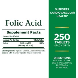 Nature'S Bounty Folic Acid 800 Mcg Tablets Maximum Strength, 250 Count 