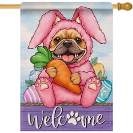 Welcome Easter Bunny Dog Large Decorative House Flag, French Bulldog