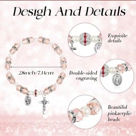 JACYUIG Rosary Bracelet Bulk with Mesh Bags Religious Catholic Rosary Bead Bracelets Baptism Party Favors for Guests (Pink,12Pcs)