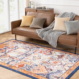 Phantoscope Vintage Collection Area Rug 3'x5' - Washable Rug Boho Rugs Non-Slip for Living Room, Bedroom, Dining Room, Dorm, Indoor Low-Pile Carpet Distressed Accent Rug, Navy/Orange