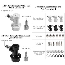 Dbgogo 3 Pairs Ball Lock Quick Disconnect Set, Plastic & Stainless Steel Keg Connectors with Swivel Nuts, 5/16'' Gas & 1/4'' Beer Barb, Black & White, 18 Pieces