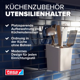 tesa Küchenutensilienhalter – zum Kleben Behälter für die Aufbewahrung von Küchenutensilien - Küchenzubehör - mit Adapter, Wandmontage ohne Bohren - Weiß