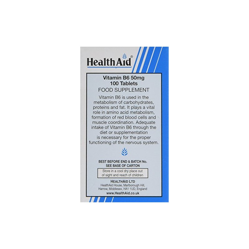 HealthAid Vitamin B6 (Pyridoxine HCl) 50mg - 100 Tablets
