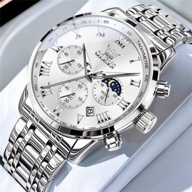 OLEVS Men's Quartz Wristwatch, Waterproof, Date, Luminous Stainless Steel Strap, Popular, Fashion, Analog, Fashion, Classic, Student, Company, For Men, white, Bracelet Type