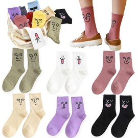 6 Pairs Cute Women Fun Smile Face Ankle Sock Knitted Crazy Novelty Comfy Cotton Girl Dress Smiley Crew Sock Aesthetic (6Pack-Funny Smiling-Black White Green Purple Pink Yellow)