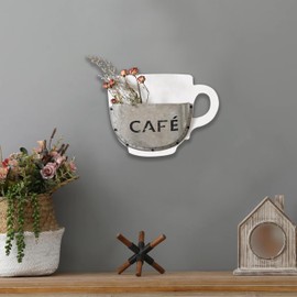 SOFE Coffee Cup Wall Mounted Vase, Rustic White Metal/Wood Vases for Flowers, Small Hanging Planters Indoor, 3D Wall Art for Living Room, Bedroom, 9.8" X 2.2" X 7.5"