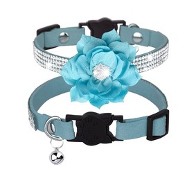 Serijoars Cat Collars,Rhinestone for Girl Cats Bling Kitten Flower Adjustable Breakaway Collar with Bell Soft Velvet Leather Collar for Puppy Small Dogs (Blue1)