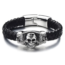 COOLSTEELANDBEYOND Gothic Mens Skull Bracelet Genuine Braided Leather Bracelet Steel Silver Black Two-tone Polished