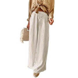 Acelitt Women Casual Striped Loose Wide Leg Pants Drawstring Elastic High Waisted 2025 Fall Fashion Relaxed Fit Beach Pants Trousers Khaki Large