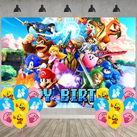 ELZEM Super Bros Birthday Party Decoration,Smash Bros Party Photo Background 5 x 3 FT and 18 Pcs Balloon,Bros Merch Party Backdrop Supplies