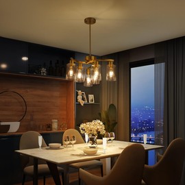 CNRATYE 6-Light Gold Chandeliers for Dining Room, Modern Kitchen Island Light Fixtures Over Table, Metal Hanging Pendant Lighting for Living Room Stairwell Entryway Bedroom, Clear Glass Shade