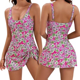 FEOYA Women's One Piece Swimming Suits Scoop Neck Skirted Swimdress with Shorts Elegant Floral Printed Swimwear Prints XL