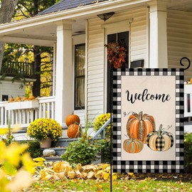 JIMOWANG Buffalo Check Fall Pumpkin Thanksgiving Burlap Burlap Garden Flag Double Sided Outdoor Decorative Yard Flag 12"x18" Porch Patio Banner Flags