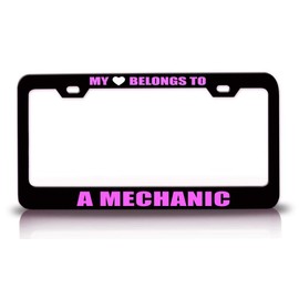 Custom Brother - My Heart Belongs to A Mechanic Career Occupations Metal Car SUV Truck License Plate Frame Bl k18