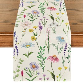 Artoid Mode Wildflowers Floral Eucalyptus Spring Table Runner, Seasonal Summer Kitchen Dining Table Decoration for Home Party Decor 13x90 Inch