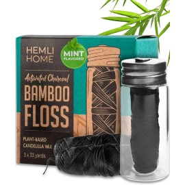 Hemli Home Natural Charcoal Bamboo Dental Floss, 3-Pack - Organic, Eco, Pfas Free - Reusabl