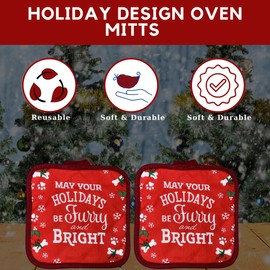 EB (2) Red Printed Christmas Holiday Decorative Oven Mitts for Home Kitchen Dining Baking Pot Holders BBQ Grilling Microwave Cooking Heat Resistant Potholders Table Linen Decoration Gift Set Supplies