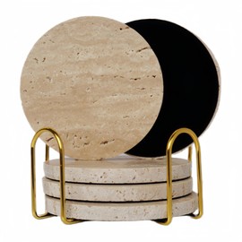 YONGHEE Italy Travertine Marble Coasters with Holder [5 Pcs] Round Beige Stone Drink Coasters Backed with Velvet for Coffee Table Protection, Luxury Modern Coaster Set Ideal Home Decor and Gift