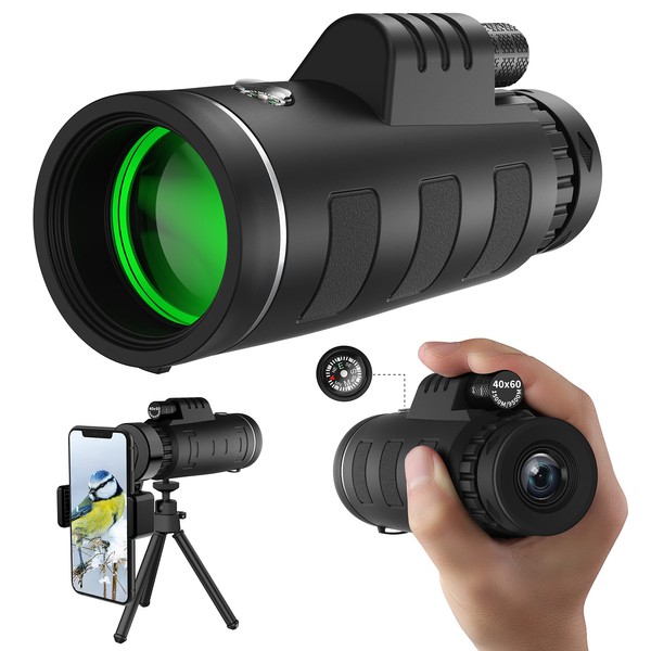 JiaSifu 40x60 High Definition Monocular Telescope with Smartphone Adapter, BAK4 Prism FMC Monocular with Clear Low Light Vision for Wildlife Hunting Camping Travelling（LD006-00A-PDQ-1）