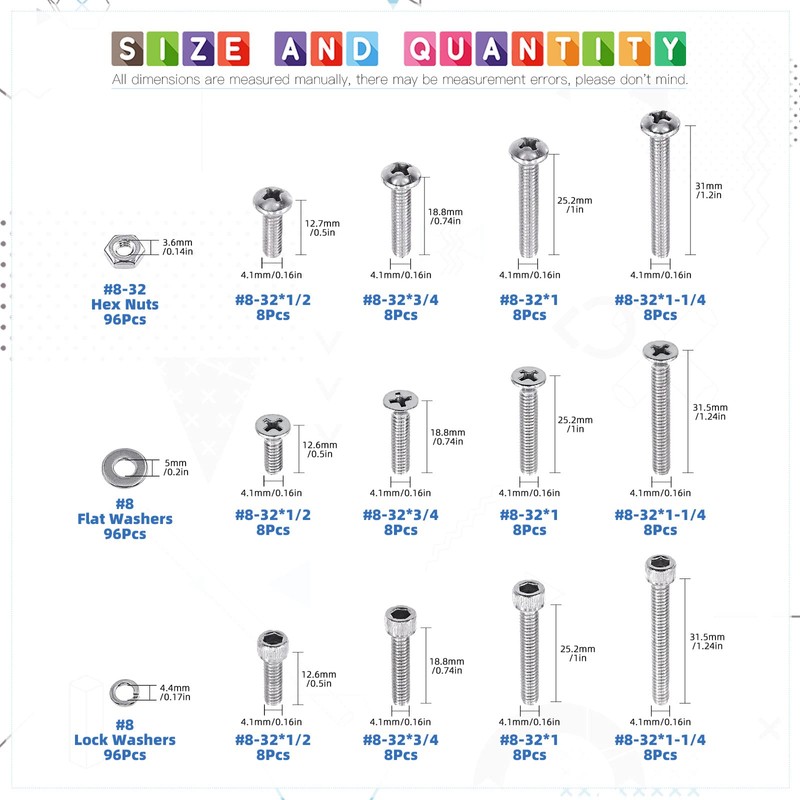 Glarks 384Pcs #8-32 Phillips Pan Head Screws Countersunk Head Screws