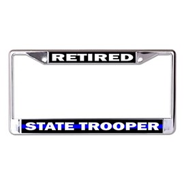State Trooper Retired Blue Line Chrome License Plate Frame