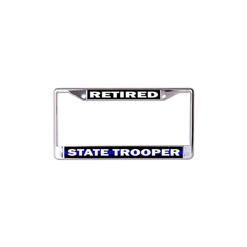 State Trooper Retired Blue Line Chrome License Plate Frame