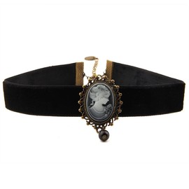 Fashion Retro Black Victorian Cameo Pearl Bead Velvet Choker Jewelry Gift for Her (Relief Choker 01)