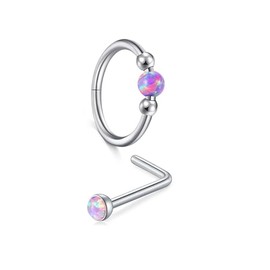 MODRSA 18g Opal Nose Ring Opal Nose Stud L Shaped Opal Nose Hoop Clicker Silver Nose Rings for Women Cartilage Hoop Earring Cartilage Hoop Helix Hoop Earring Opal Purple Daith Earring Hoop