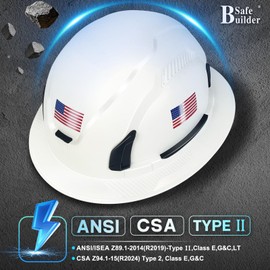 SAFEBUILDER Type II Hard Hats Full Brim ANSI and CSA Class E,G&C Approved No-Vented Top and Sides-Round Impact Protection Chin Strap with Magnetic Buckle (White ANSI+CSA Type II-S26-N)