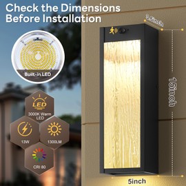Motion Sensor LED Outdoor Wall Light Fixtures 2 Pack, Modern Dusk to Dawn Sensor Porch Outdoor Lighting, Black 15 Inch Water Ripple Exterior Wall Sconce, LED Outside Lantern for Garage Front Door