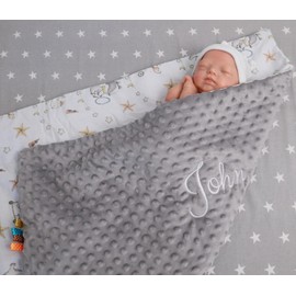 BotoBaby ★ Double Layer Baby Blanket with Name and Date Embroidered ★ Minky ★ Cotton ★ Filling ★ (Grey - Circus, 75 x 100 cm)