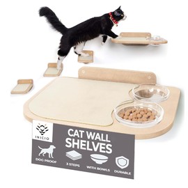 INICO Cat Wall Shelves – Dog Proof Feeding Station with Wall Mounted Shelves, Durable 3 Step Birch Floating Shelf for Cats Up to 15lbs, Attached Cat Food Bowl for Convenient Feeding – Wood Brown