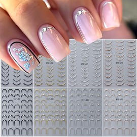 8Pcs Shiny Crystal French Line Nail Stickers Rose Gold Silver Metal Nail Decals Nail Supplies 5D Metallic Curve Wave Lines with Crystal Diamond Nail Design French Nail Tips Manicure Decor for Women