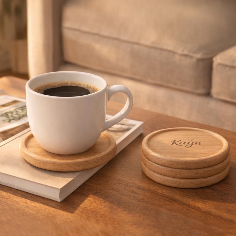 Beech Wood Coasters Set of 4, Natural Wooden Drink Coasters