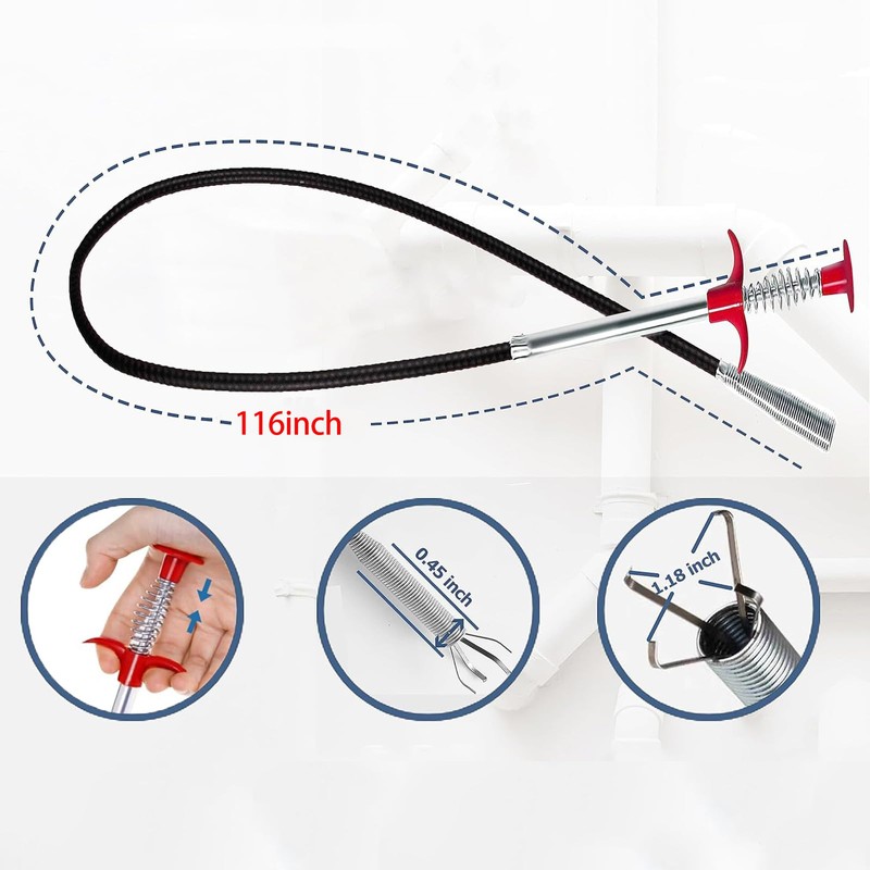 Drain Snake Hair Drain Clog Remover, 116 Inch Flexible Claw