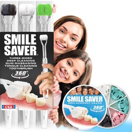 SMILE SAVER 360° Deep Clean 3-Sided Toothbrush 3PK + 7-Pack Replacement Heads 3D Triple Clean + Soft Gum Massage | Built-In Tongue Scraper | Child Kids Adults Braces Special Needs Travel | Made in USA