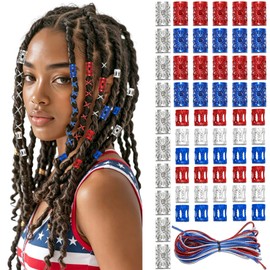 VENOFEN 66Pcs Blue Red Hair Cuffs Clips 4th of July Loc Jewelry Three Colors Hair Strings Silver Dreadlock Rings Independence Day Braids Accessories for Women Girls