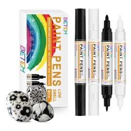 Betem 4 Count Dual Tip Oil Based White Black Paint Markers Pens(0.7mm & 3mm), Permanent Paint Marker, Waterproof, Quick Dry, for Rock Painting, Wood, Plastic, Metal, Canvas(2White 2Black)