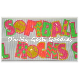 Unbranded 1.5 SOFTBALL ROCKS NEON GLITTER BASEBALL GROSGRAIN RIBBON 4 HAIRBOW BOW WHITE