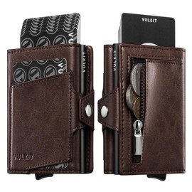 VULKIT Wallet for Men with Pop Up Card Holder 10-12 Cards, Trifold RFID Blocking Credit Card Wallet with ID Window, Cash Slot, Zip Coin Pocket, Minimalist Smart Compact Metal Aluminum Card Case