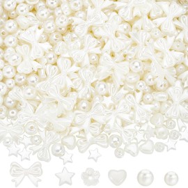 SUNNYCLUE 1 Box 520Pcs 6 Styles White Bow Beads Imitation Pearl Beads Bulk Cute ABS Plastic Round Pearls Bows Star Heart Bead for Jewellery Making DIY Crafting Bracelets Necklaces Earrings Women Gifts