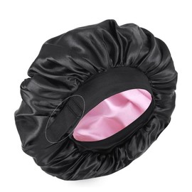 Silk Bonnet for Sleeping/ Double Layer Satin Adjustable Straps lined Hair Bonnets for Sleeping  , reversible hair sleeping bonnet for woman Natural curly Hair Outside silk - Color: Black And pink
