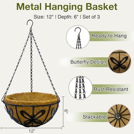 CRAYZA 12 Inch Hanging Baskets for Plants Outdoor, 3 Pack Metal Wire Hanging Planters with Coco Coir Liners, Rust-Resistant Flower Basket with Chains & Hooks for Garden Patio Porch Deck Balcony