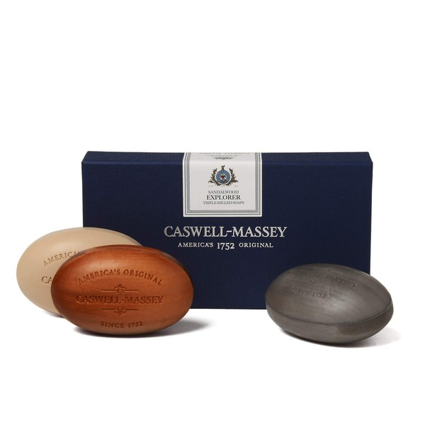 Caswell-Massey Triple Milled Luxury Bath Soap Men’s Sandalwood Explorer Soap Set – 3 Assorted Fragrances – 5.8 Ounces Each, 3 Bars