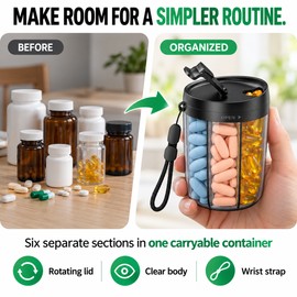 6 Compartment Pill Organizer with Rotating Lid Large Capacity Portable Supplement Container for Home and Travel