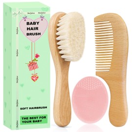 Molylove 3PCS Baby Hair Brush with Wooden Handle and Comb Set for Newborns & Toddlers | Natural Soft Goat Bristles l Wood Comb l Pink Silicone Brush| Ideal for Cradle Cap