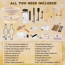 Banneton Bread Proofing Basket Set, 9" Round & 10" Oval Bread Baking Supplies - 38 Piece Complete Sourdough Starter Kit, Includes Proofing Bowl, Sourdough Starter Jar, Scrapers, Bread Sling & Molds